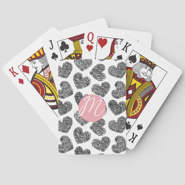 Moderne Schwarz-Weiß-Doodle-Herzen Mit Monogramm Spielkarten (Rückseite)