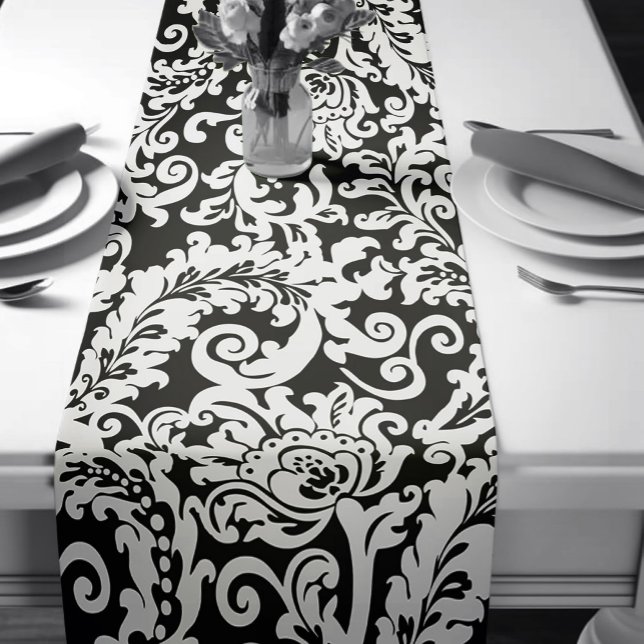 Moderne Schwarz-Weiß-Elegante Damask Kurzer Tischläufer (elegant black and white floral damask wedding table runner)