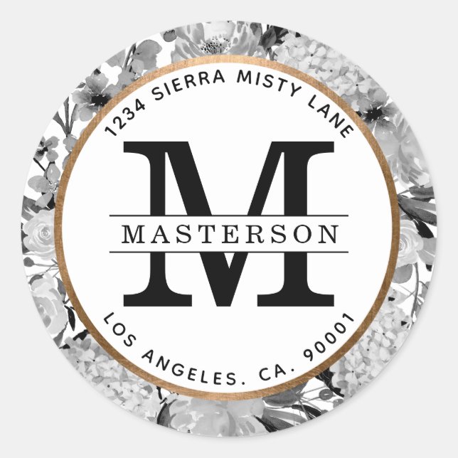 Moderne Schwarz-Weiß-Farbblumen-Monogramm Runder Aufkleber (Vorderseite)
