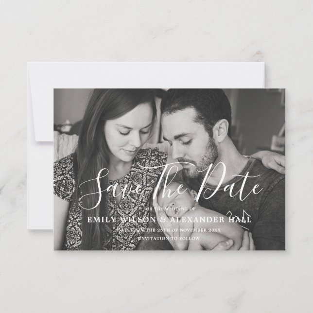Moderne Schwarz-Weiß-Foto-Familie Save the Date (Vorderseite)