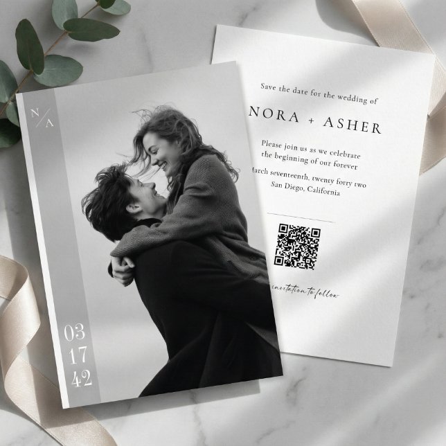 Moderne Schwarz-Weiß-Foto-QR-Code-Hochzeit Save The Date (Von Creator hochgeladen)