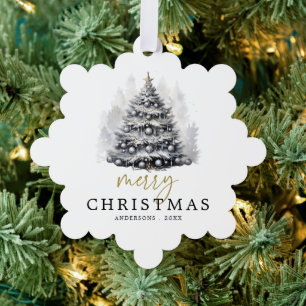 Moderne Schwarz & Weiß frohe Weihnachtsbaumfamilie Ornament Karte