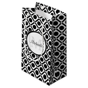 Moderne Schwarz-Weiß-Geometrie, Monogramm und Name Kleine Geschenktüte