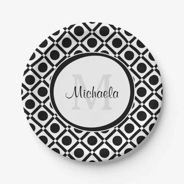 Moderne Schwarz-Weiß-Geometrie, Monogramm und Name Pappteller (Vorderseite)