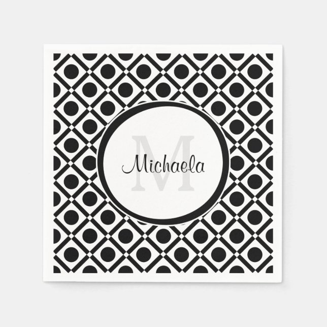 Moderne Schwarz-Weiß-Geometrie, Monogramm und Name Serviette (Vorderseite)