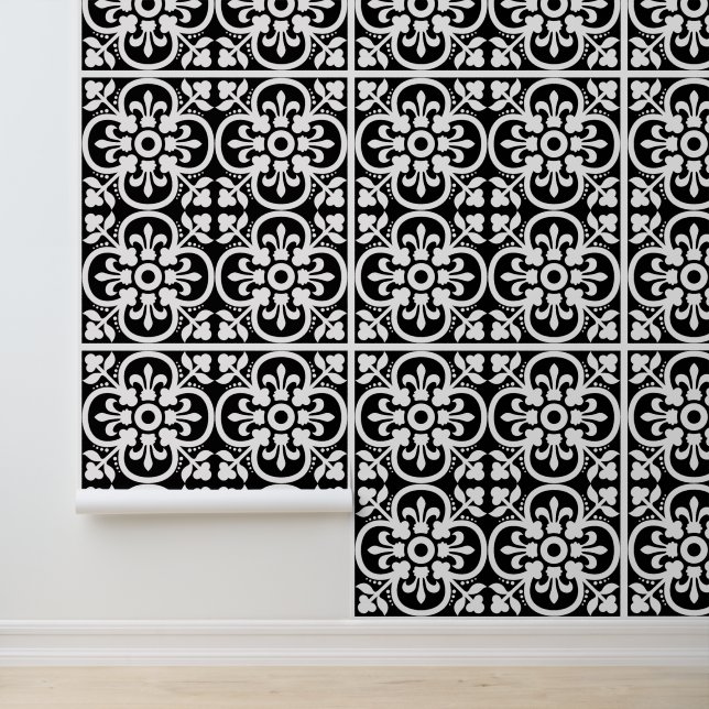 Moderne Schwarz-weiß geometrische Fleur du Lys Tapete (Anwendung)