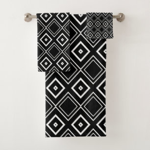 Moderne Schwarz-Weiß-Geometrische Raute-Muster Badhandtuch Set