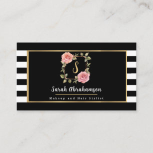 Moderne Schwarz-Weiß gestreifte Floral  Visitenkarte