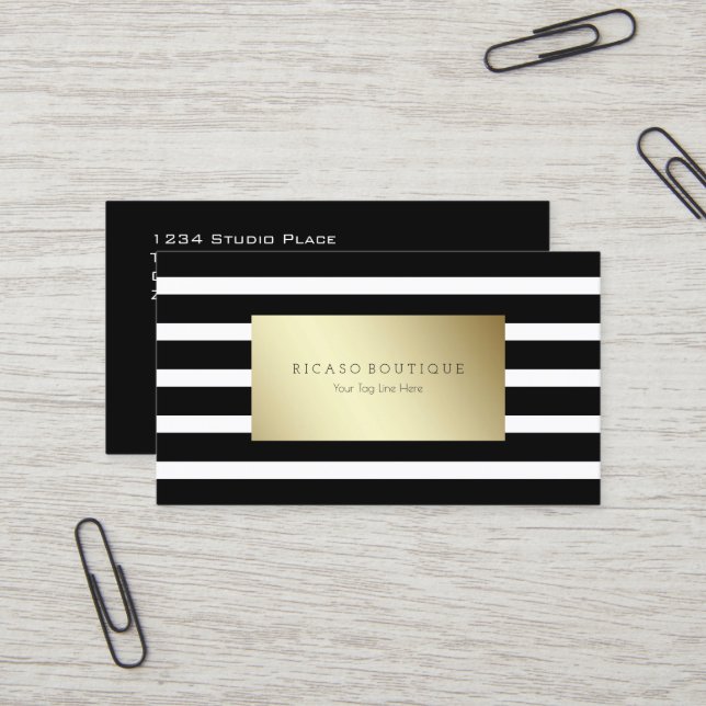 Moderne schwarz-weiß gestreifte Streifen mit Gold Visitenkarte (Vorderseite/Rückseite Beispiel)