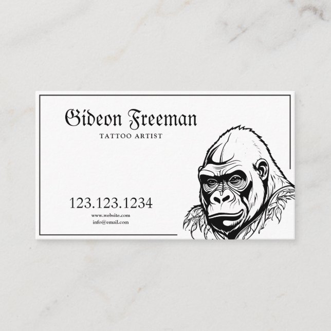 Moderne Schwarz-Weiß Gorilla Tattoo Artist Visitenkarte (Vorderseite)