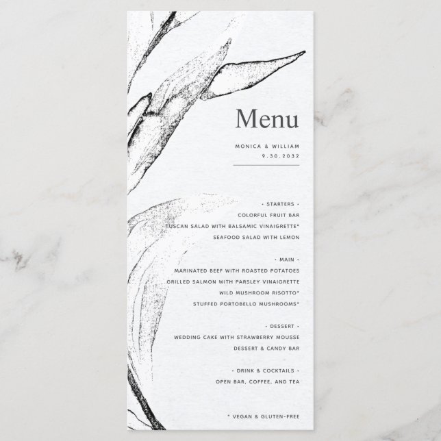 Moderne Schwarz-Weiß-Grafik-Leaf-Hochzeit Menükarte (Vorderseite)