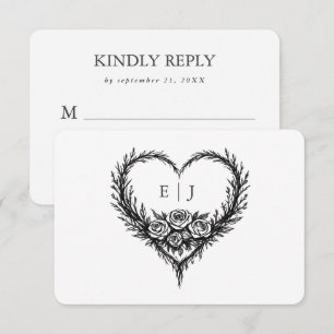 Moderne Schwarz-Weiß-Handgezeichnete Florale Herz- RSVP Karte