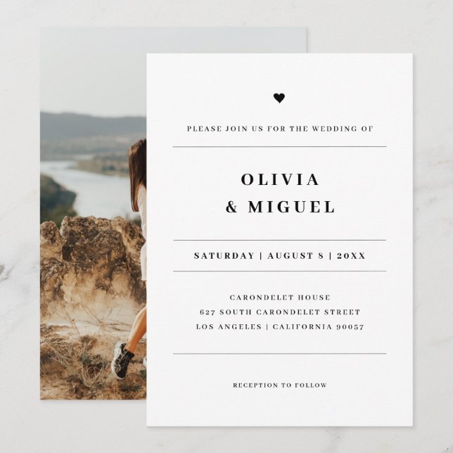Moderne Schwarz-weiß Heart Foto Wedding Einladung (Vorne/Hinten)