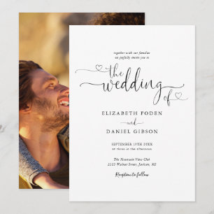 Moderne Schwarz-Weiß-Herz-Skript-Foto Hochzeit Einladung