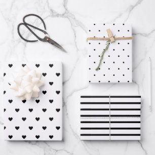 Moderne Schwarz-Weiß-Herzen Streifen Punkte 3 Geschenkpapier Set