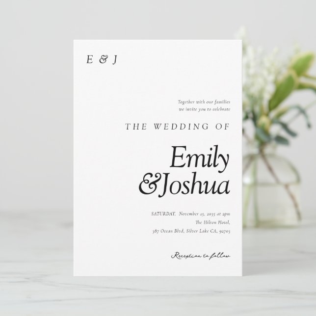 Moderne Schwarz-Weiß-Hochzeit Einladung (Stehend Vorderseite)