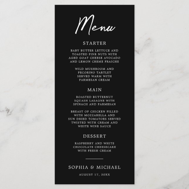 Moderne Schwarz-Weiß-Hochzeit Menükarte (Vorderseite)