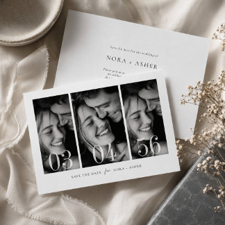 Moderne Schwarz-Weiß-Hochzeit mit 3 Fotos Save The Date