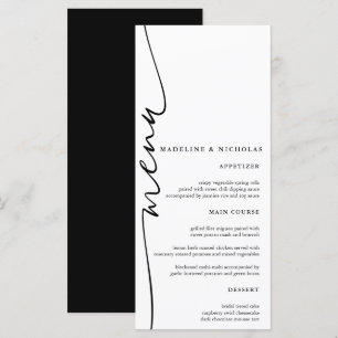 Moderne Schwarz-Weiß-Hochzeit mit einfacher Kallig Menükarte