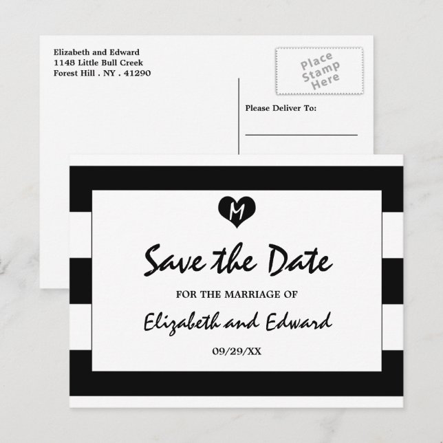 Moderne Schwarz-Weiß-Hochzeit spart das Datum Ankündigungspostkarte (Vorne/Hinten)