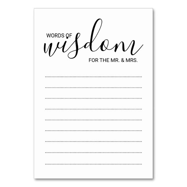 Moderne Schwarz-Weiß-Hochzeitwörter von Weisheitsk Tischnummer (Vorderseite)