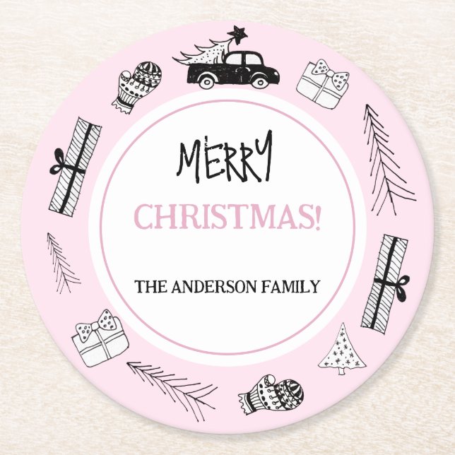 Moderne Schwarz-Weiß-Illustration auf Rosa Runder Pappuntersetzer (Vorderseite)