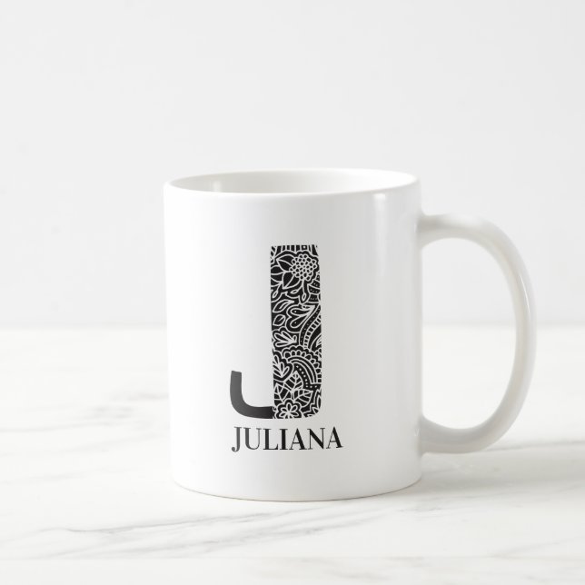 Moderne Schwarz-Weiß-Initial J und Name Kaffeetasse (Rechts)