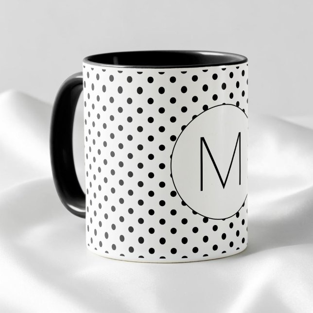 Moderne Schwarz-Weiß-Initialen-Monogramm-Punkte-Mu Tasse (Modern Black and White Initial Monogram Polka Dot Mug)