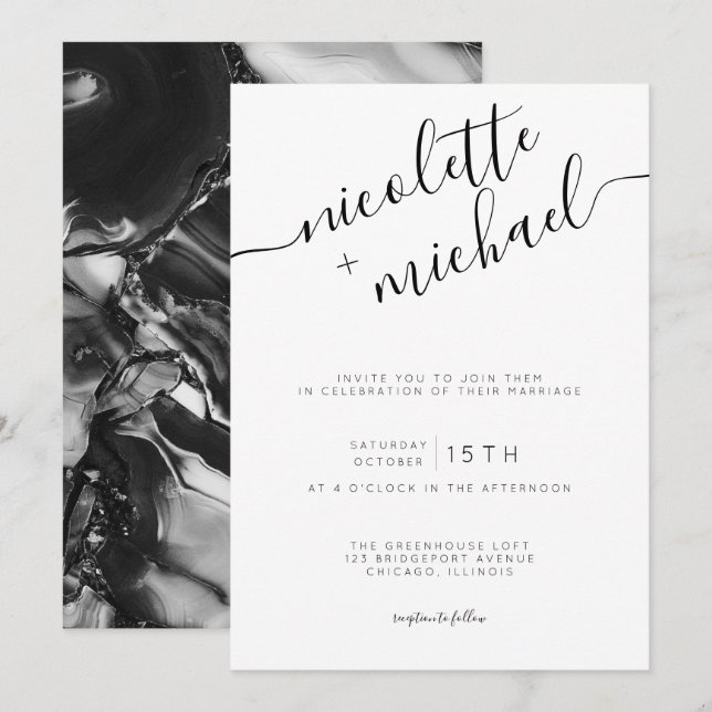Moderne Schwarz-Weiß-Kalligrafie-Hochzeit Einladung (Vorne/Hinten)