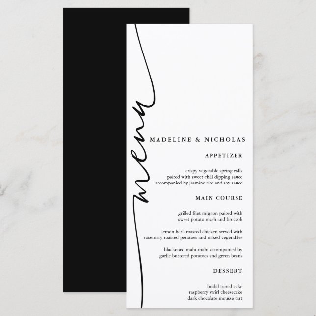 Moderne Schwarz-Weiß-Kalligraphie-Hochzeit Menükarte (Vorne/Hinten)