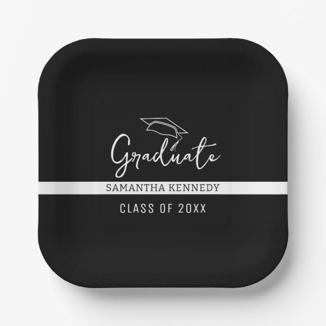 Moderne Schwarz-Weiß-Klasse 2025 Grad Cap Pappteller (Vorderseite)