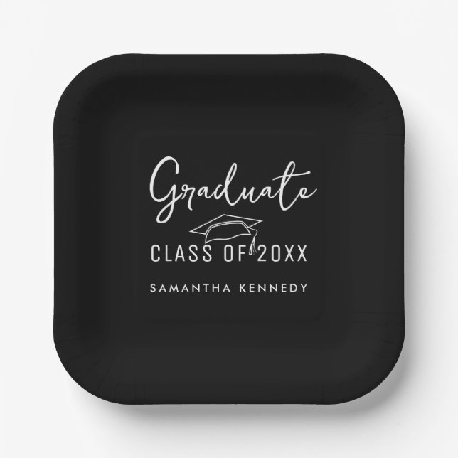 Moderne Schwarz-Weiß-Klasse 2025 Graduationsstufe Pappteller (Vorderseite)