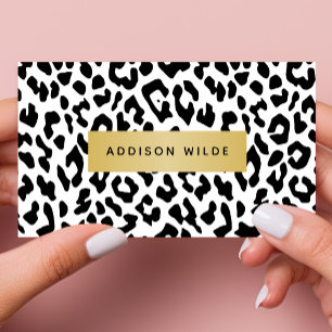 Moderne Schwarz-Weiß-Leopard-Cheetah-Druck Gold Visitenkarte