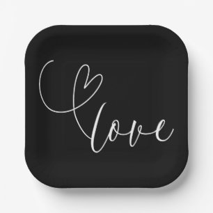 Moderne Schwarz-Weiß-Liebe Minimale Hochzeit Pappteller