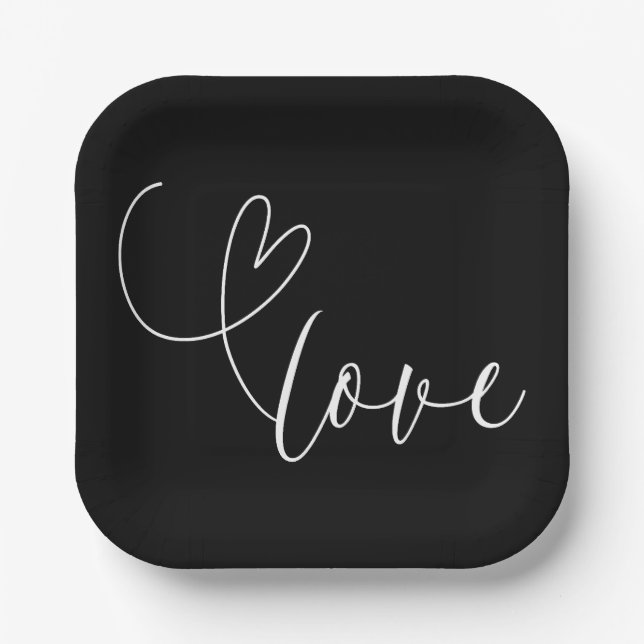 Moderne Schwarz-Weiß-Liebe Minimale Hochzeit Pappteller (Vorderseite)