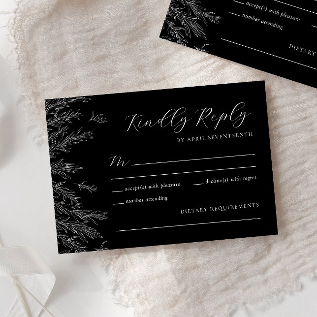 Moderne Schwarz-Weiß-Minimal-Blätter Hochzeiten RSVP Karte (Von Creator hochgeladen)