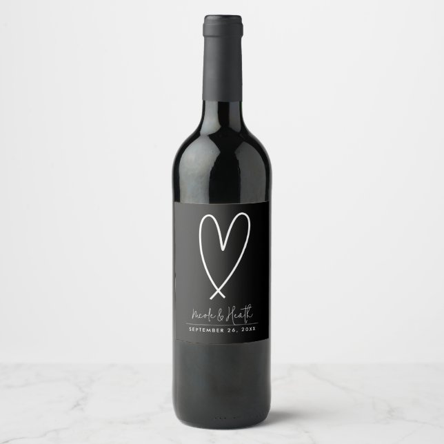 Moderne Schwarz-Weiß-Minimal-Hochzeit Weinetikett (Vorderseite)