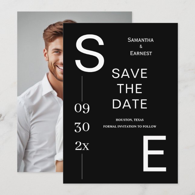 Moderne Schwarz-Weiß-Minimal-Monogramm-Hochzeit Save The Date (Vorne/Hinten)