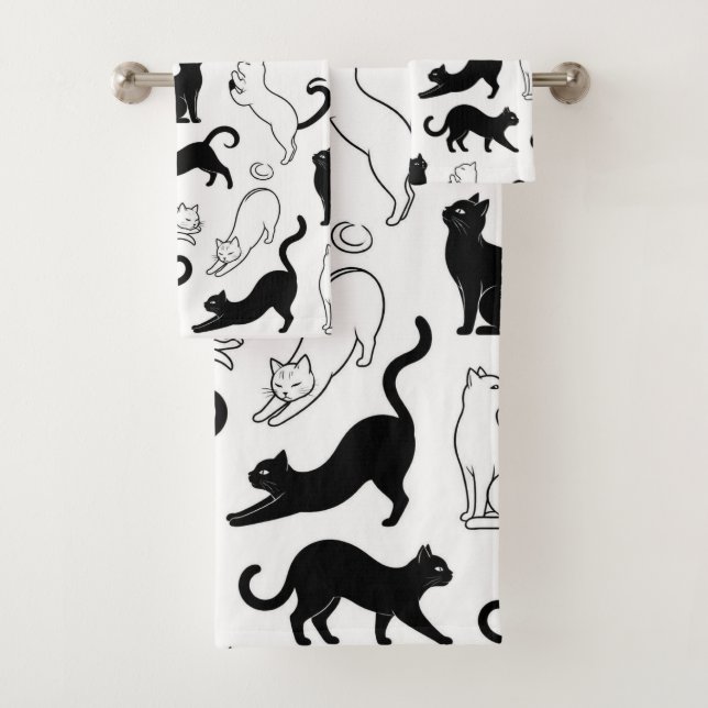 Moderne Schwarz-Weiß-Minimalist-Katze Badhandtuch Set (Insitu)