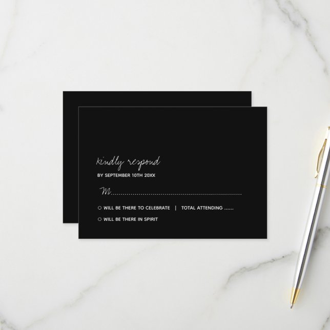 Moderne Schwarz-Weiß-Minimalistische Skripthochzei RSVP Karte (Vorderseite/Rückseite Beispiel)