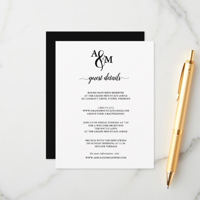 Moderne Schwarz-Weiß-Monogramm-Hochzeit Begleitkarte (Vorderseite/Rückseite Beispiel)