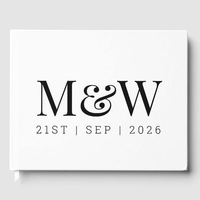 Moderne Schwarz-Weiß-Monogramm-Hochzeit Gästebuch (Vorderseite)