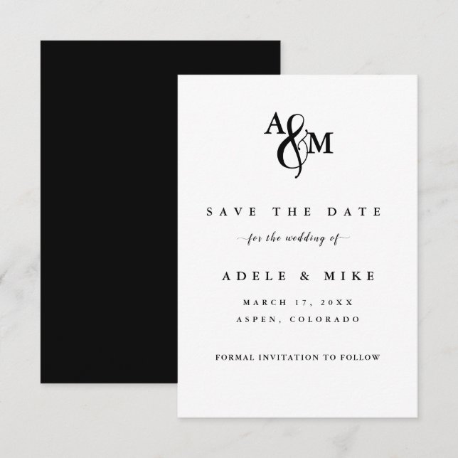 Moderne Schwarz-Weiß-Monogramm-Hochzeit Save The Date (Vorne/Hinten)