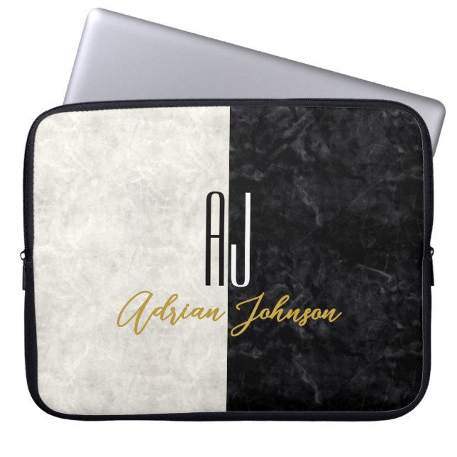 Moderne Schwarz-Weiß-Monogramm-Initialen aus Marmo Laptopschutzhülle (Vorderseite)