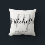 Moderne Schwarz-Weiß-Monogramm Kissen<br><div class="desc">Ein modernes,  individualisierbares Monogramm-Kissen mit Familiennamen,  das perfekt für Neuvermählte geeignet ist.</div>