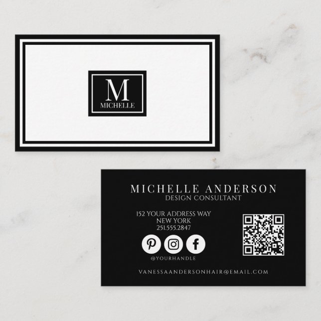 Moderne Schwarz-Weiß-Monogramm-Rand-QR-Code  Visitenkarte (Vorne/Hinten)