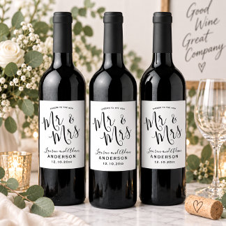 Moderne Schwarz & Weiß Mr & Mrs Wedding Weinetikett