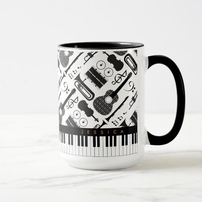 Moderne Schwarz-Weiß-Musikinstrumente Muster m Tasse (Rechts)