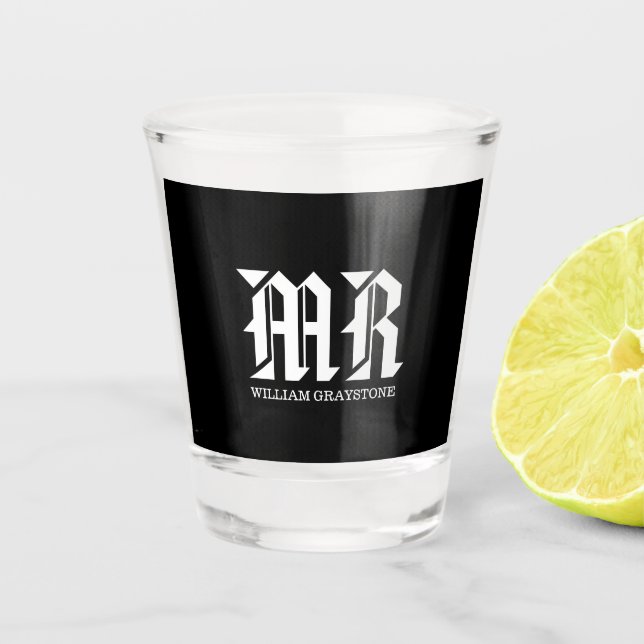 Moderne Schwarz-Weiß-Namen Monogram-Initialen MR Schnapsglas (Vorderseite)