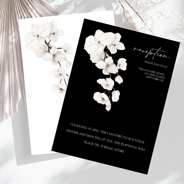 Moderne Schwarz-Weiß-Orchideen Hochzeitsempfang Begleitkarte (Modern Black and White Orchids Flowers Wedding Reception Cards)